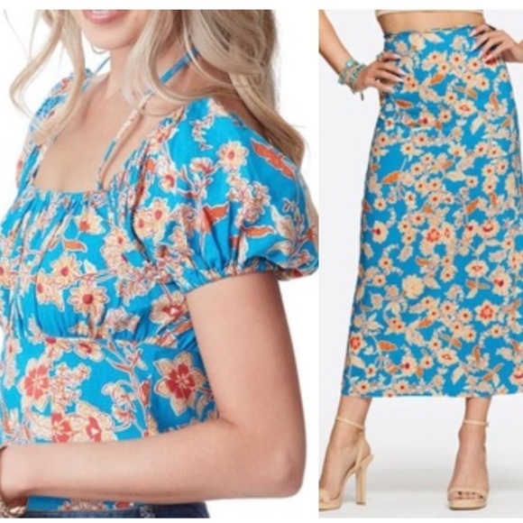 Jessica Simpson SET: Irin Top/Jildie Skirt, Southern Beauties Blue/Orange XS NWT - Picture 1 of 16